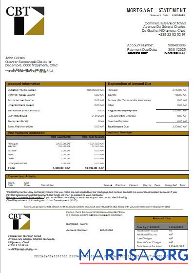 Downloadable Chad Commercial Bank of Tchad bank mortgage statement scr real example